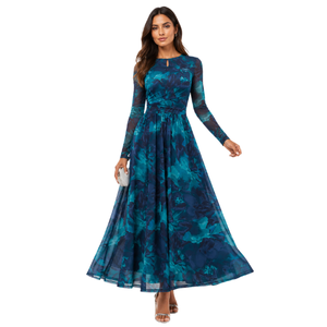 Robe longue pour femme à manches longues, coupe trapèze, avec broderie florale, col rond, taille empire, respirante, printemps/été - Product Image 1