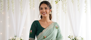 Sari de Rayón Bordado Verde Menta de AARA Fashion, Diseño Floral, Protección Solar, Largo hasta el Suelo, para Mujer, Ropa Tradicional para Bodas - Product Image 2
