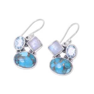 925 Sterling Silver Multi-Gemstone Engagement Water <b>Drop</b> Earrings Copper Turquoise <b>Rainbow</b> Moonstone Blue Topaz - Product Image 2