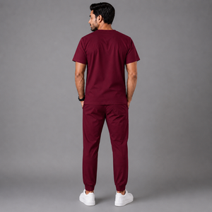 WAPRO INDUSTRY Men's <b>Maroon</b> V-Neck Scrub Set Cotton Polyester Woven Hospital Uniforms - Product Image 2