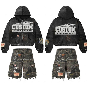 Conjunto de Sudadera con Capucha y Pantalones Cortos de Camuflaje para Hombre, Personalizado, de Invierno, con Cremallera, de Algodón y Forro Polar, Oversize, con Pedrería y Parches Desgastados - Product Image 1