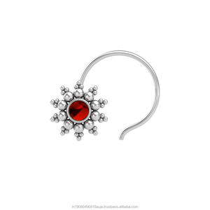 Pendiente de Nariz con Engaste de Granate Redondo en Plata de Ley 925, Estilo Indio, para Mujeres y Niñas - Product Image 1