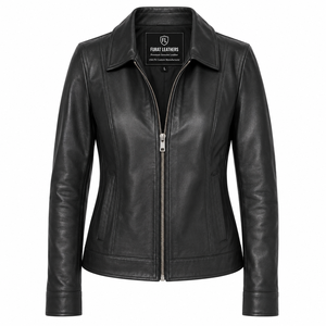 Chaqueta de Cuero Clásica Negra Vixen para Mujer, Chaqueta Moto con Cierre de Cremallera, Cuello Abierto, Color Sólido, Resistente al Viento para Otoño - Product Image 1