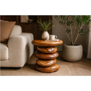 ARTERRA Premium Artisan Handcrafted Teak Wood Side Table Luxury Stacked <b>Pebble</b> Nightstand for Luxury Villa Interior - Product Image 4