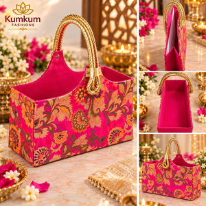 Panier de rangement en tissu floral rose Kumkum FASHIONS avec poignée dorée, rectangulaire, organisateur multifonction de luxe - Product Image 1