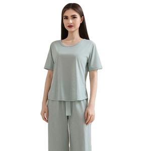 Premium femmes pur coton Double Jersey Interlock pyjama ensemble décontracté vacances Style tricoté tissu finition pour été printemps - Product Image 3