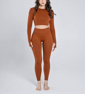 Women's 2 Piece Yoga <b>Set</b> Long Sleeve Thumb Hole Crop T-Shirt <b>Sexy</b> Butt Lifting Leggings Skinny Fit Breathable Workout Outfit - Product Image 3