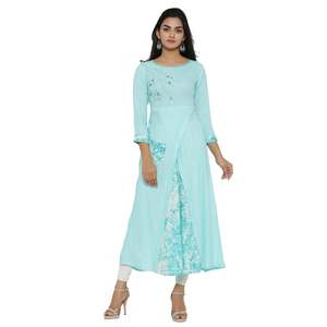 Kurta de Rayón Azul Cielo para Mujer, Estampado Tie Dye, Corte en A, con Apliques, Estilo en Capas, Cuello Redondo, Mangas Tres Cuartos, Ropa Étnica - Product Image 1