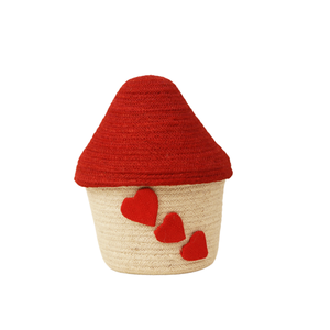 Caja de Almacenamiento Decorativa Hecha a Mano con Forma de Hongo, Ecológica, de Yute, con Tapa Roja y Aplique de Corazón - Product Image 1