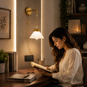 Modern Brass Swing Arm <b>Wall</b> Lamp Adjustable LED <b>Wall</b> <b>Sconce</b> Pleated Glass Pendant Light for Bedroom Living Room Hotel Reading - Product Image 3