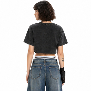 T-shirt court en jersey de coton avec logo personnalisé imprimé, 100 % coton, style vintage, uni, été, effet délavé, appliqués - Product Image 2