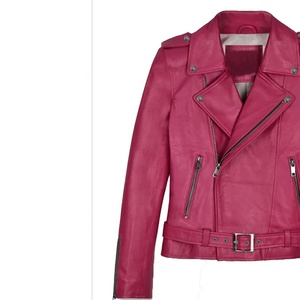 College Custom Women <b>Real</b> <b>Leather</b> Biker Jacket Fuchsia Hot Pink <b>Belted</b> Waist Motorcycle Coat OEM Asymmetric Zip Outerwear - Product Image 3