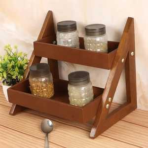 Étagère à épices en bois à 2 niveaux, couleur brun clair, support à condiments pour comptoir, étagère de rangement pour condiments en bois massif pour la cuisine - Product Image 1