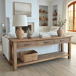 Mesa Consola de Entrada de Madera Maciza Hecha a Mano de Primera Calidad con Tres Compartimentos de Cajones, Superficie Ancha y Base Resistente - Product Image 3