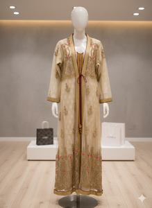 Kaftan Royal Gold Sheer : Broderie florale complexe et accents cramoisies. L'élément phare ultime pour les occasions sophistiquées - Product Image 3