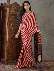 Sari de Mezcla de Seda con Estampado Digital a Rayas Estilo Bollywood KV - Product Image 3