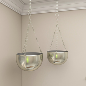 Pots de fleurs suspendus en métal argenté avec chaînes |   Bols à fleurs suspendus en acier inoxydable moderne pour la décoration intérieure et extérieure - Product Image 4