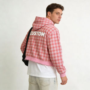 Sudadera con capucha para hombre, rosa, de tela a cuadros, con flecos, estampado de letras personalizado, con cremallera, estilo casual oversize para uso diario y streetwear. - Product Image 4