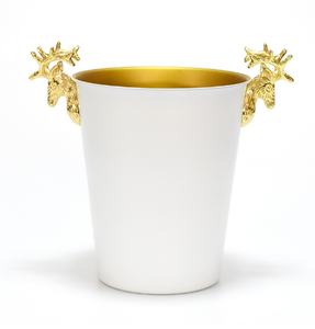Cubo de Hielo Redondo Blanco de Diseño Clásico y Alta Calidad con Asa de Ciervo Dorada, Enfriador Metálico Glamuroso y Duradero para Fiestas en Casa - Product Image 1