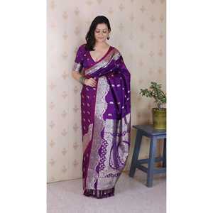 ผ้าไหมบานาราสีสีม่วงเนื้อนุ่ม ยี่ห้ออีลิท วีฟส์  ตกแต่งด้วยดิ้นเงิน  งานทอประณีต  ชุดอินเดีย-ปากีสถาน  น้ำหนัก 650 กรัม แห้งเร็ว ป้องกันแสงแดด - Product Image 2