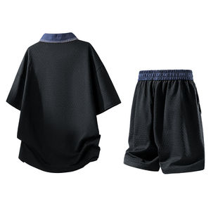 Conjunto de Dos Piezas para Hombre, 100% Algodón, Diseño Color Block, Estilo Casual de Verano, Camisa de Manga Corta con Cuello Solapa y Abertura Media, y Camiseta - Product Image 6