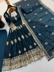 Robe Anarkali brodée vert foncé pour femme, longueur ras du sol, style traditionnel indien pakistanais, coupe ample, en soie extensible - Product Image 5