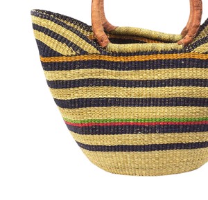 Sac fourre-tout classique en paille à queue d'hirondelle, rayures noires, poignée en cuir marron, sac de plage en jonc de mer naturel, style mode et charmant - Product Image 2