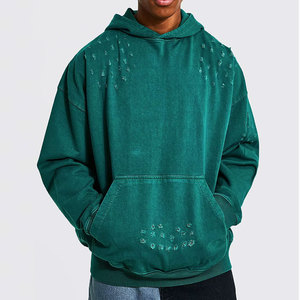 Sweat-shirt à capuche oversize pour homme, vert uni, en molleton de coton délavé, avec poches, style décontracté et effet vieilli - Product Image 1