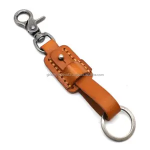 Wholesale Black Tan & Red genuine leather key chain cheap custom fashion keychain leather key chain with silver antique hardware