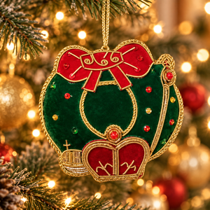 Handcrafted Christmas <b>Wreath</b> Zari Hanging with Beaded Embroidery – Festive Holiday Wall & Tree Decoration Ornament - Product Image 3