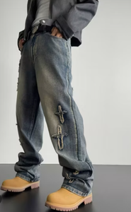 Jean Harem en Denim pour Homme Coupe Ample Taille Mi-Haute Décoration Rivets Coton Tissé Délavé Style Hip Hop Automne - Product Image 4