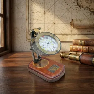 Vintage Brass <b>Desk</b> <b>Clock</b> With Wooden Base Traditional Design Quartz Movement Needle Display Temperature Function - Product Image 1