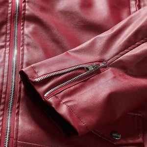 Blouson moto homme en cuir PU rouge, coupe ajustée, fermeture éclair, col rabattable, manches classiques, vêtement d'extérieur pour l'automne - Product Image 4
