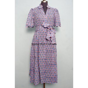 Robe longue pour femme 100% coton, imprimée à la main en Inde, avec poches, robe de bureau légère et confortable pour l'été - Product Image 1