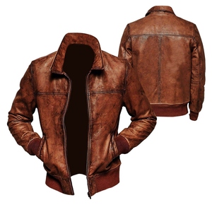 Men's Brown Genuine Leather Moto <b>Jacket</b> Turn-down Collar Zipper Closure Regular Fit Autumn Wear - Product Image 6