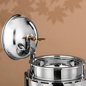 Plat de service rond en acier inoxydable avec calligraphie arabe découpée au laser, chauffe-plat de buffet avec couvercle roulant pour la restauration hôtelière de luxe - Product Image 5