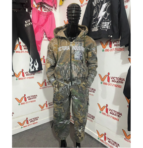 Sweat à capuche court et ample en molleton bouclette pour homme, avec logo personnalisé, impression graphique délavée à l'acide, style vintage, fermeture éclair, poche camouflage, style streetwear - Product Image 3