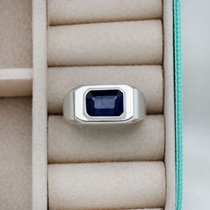 925 Sterling <b>Silver</b> Rectangular Cut Blue Sapphire Bezel Setting <b>Ring</b> for <b>Men</b> Classic Style Unisex Wedding Party Everyday Wear - Product Image 2