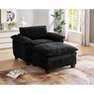 Chaise longue oversize da 51 pollici in morbido ciniglia nera con poggiapiedi e contenitore, imbottita nera - Product Image 2