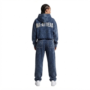 Custom <b>Women</b> Acid Wash <b>Navy</b> Blue Cropped Hoodie Jogger Set Cotton Fleece Streetwear Tracksuit OEM Wholesale - Product Image 2
