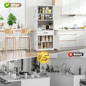 Armoire de rangement de cuisine haute de 71 po en acier blanc, avec étagères réglables, tiroirs et crochets - Product Image 5