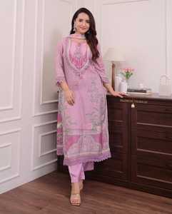 Nouvel ensemble indien de créateur en mousseline lilas avec broderie et imprimé en relief, anti-UV, infroissable, pour soirée, composé d'un haut, d'un pantalon et d'une dupatta - Product Image 1