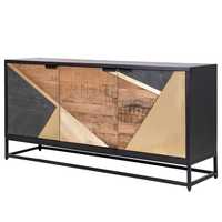 Buffet moderne industriel fait main en bois de manguier écologique avec incrustations géométriques dorées, 3 portes, base métallique, luxe pour salon
