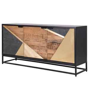 Buffet moderne industriel fait main en bois de manguier écologique avec incrustations géométriques dorées, 3 portes, base métallique, luxe pour salon - Product Image 1