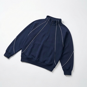Navy Half Zip <b>Piped</b> Sweatshirt High Neck Raglan Pullover with Contrast White Piping| Premium Fleece Pullover OEM / Private Label - Product Image 1
