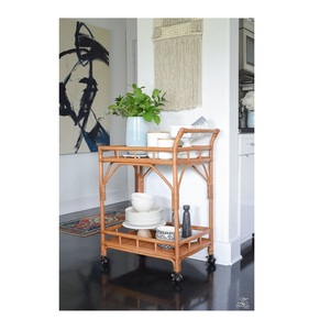 Carrito de Bebidas de Ratán Estilo Costero – Estación de Licores Móvil Hecha a Mano con Estantes de Mimbre Tejido y Detalles de Madera Curvada - Product Image 1