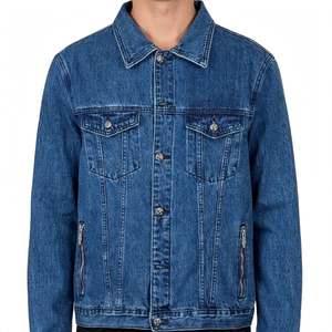 เสื้อแจ็คเก็ตยีนส์สีน้ำเงินฟอกทรงทรัคเกอร์สำหรับผู้ชาย ไซส์กลาง ปกแหลม มีกระเป๋าแบบฝาปิดสองช่องด้านหน้า ติดกระดุมด้านหน้า แขนยาว สีน้ำเงิน - Product Image 4