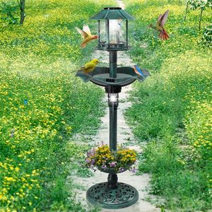 Bebedero para Pájaros con Pedestal Iluminado por Energía Solar, Fuente Decorativa de Resina, Comedero para Pájaros Vintage con Jardinera, Artículos de Jardín - Product Image 3