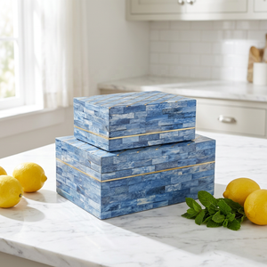 Boîte à bijoux carrée FAIZA CRAFT bleue et blanche avec incrustation en os, étui de rangement géométrique pour bibelots, idéal pour les mariages - Product Image 1