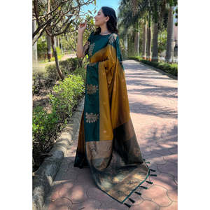 Luxor Gold Soft Silk Floral Border Saree with Zari Woven Contrast for <b>Club</b> <b>Dresses</b> - Product Image 1